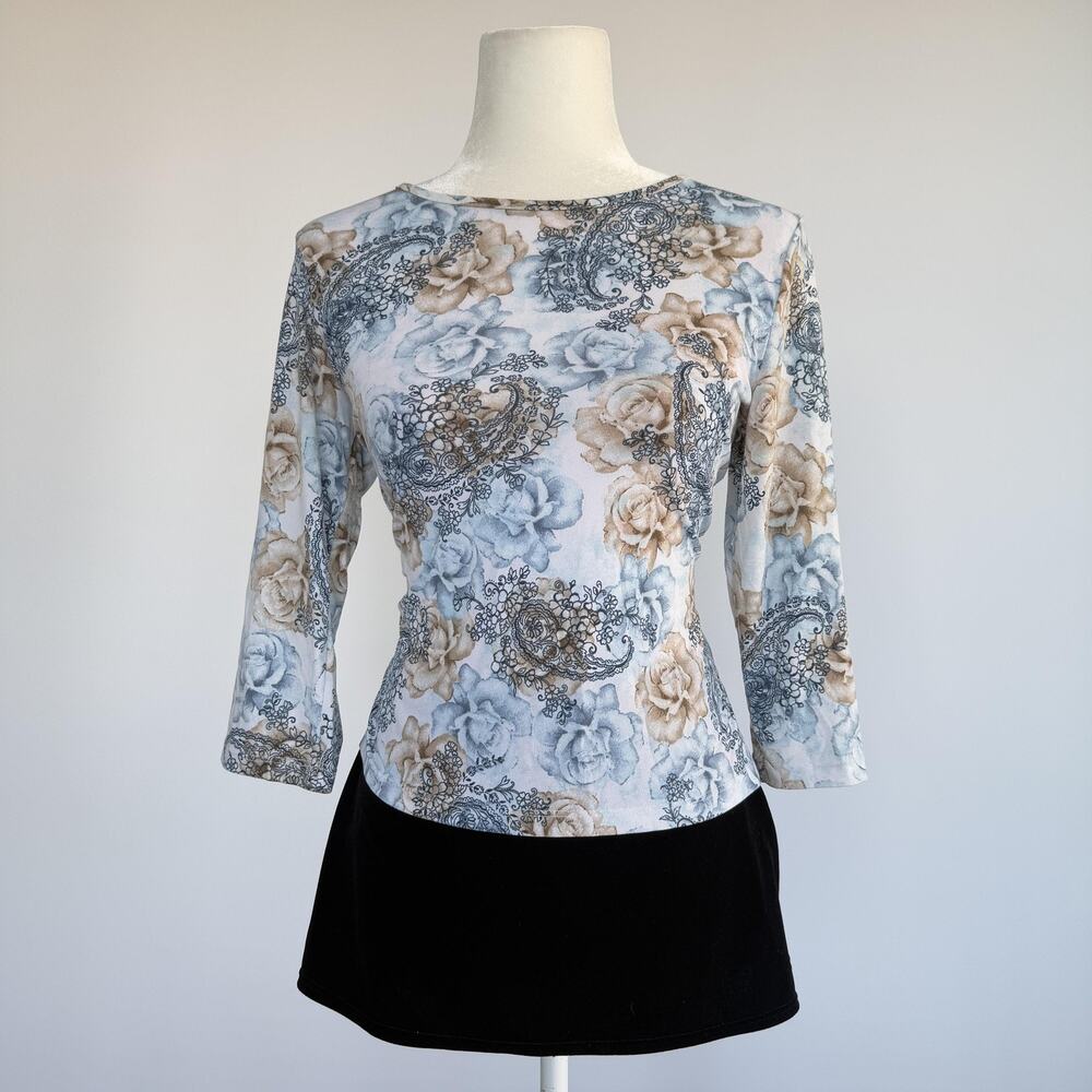 Christopher & Banks T Shirt Womens Small Blue Floral Paisley 3/4 Sleeve Top